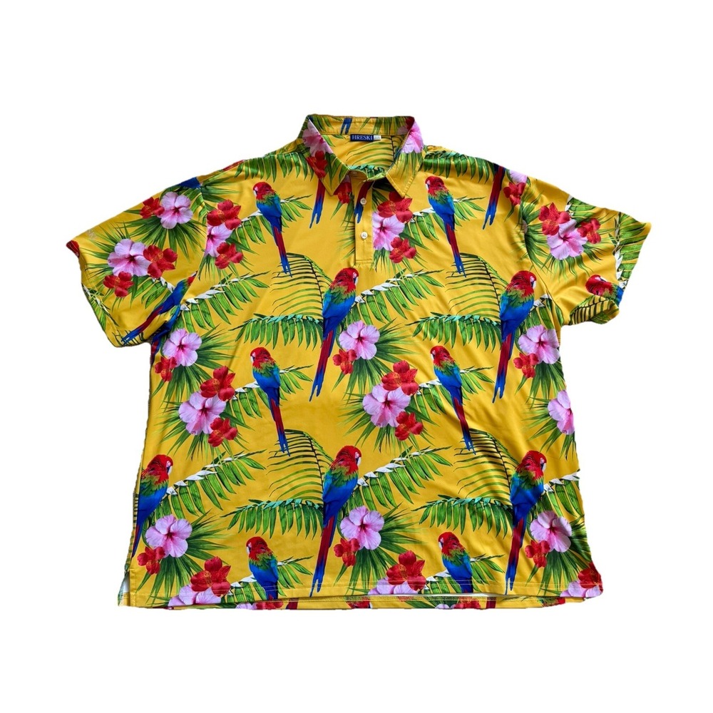 Hreski Golf Polo Shirt Yellow Parrot Tropical Size 3XL